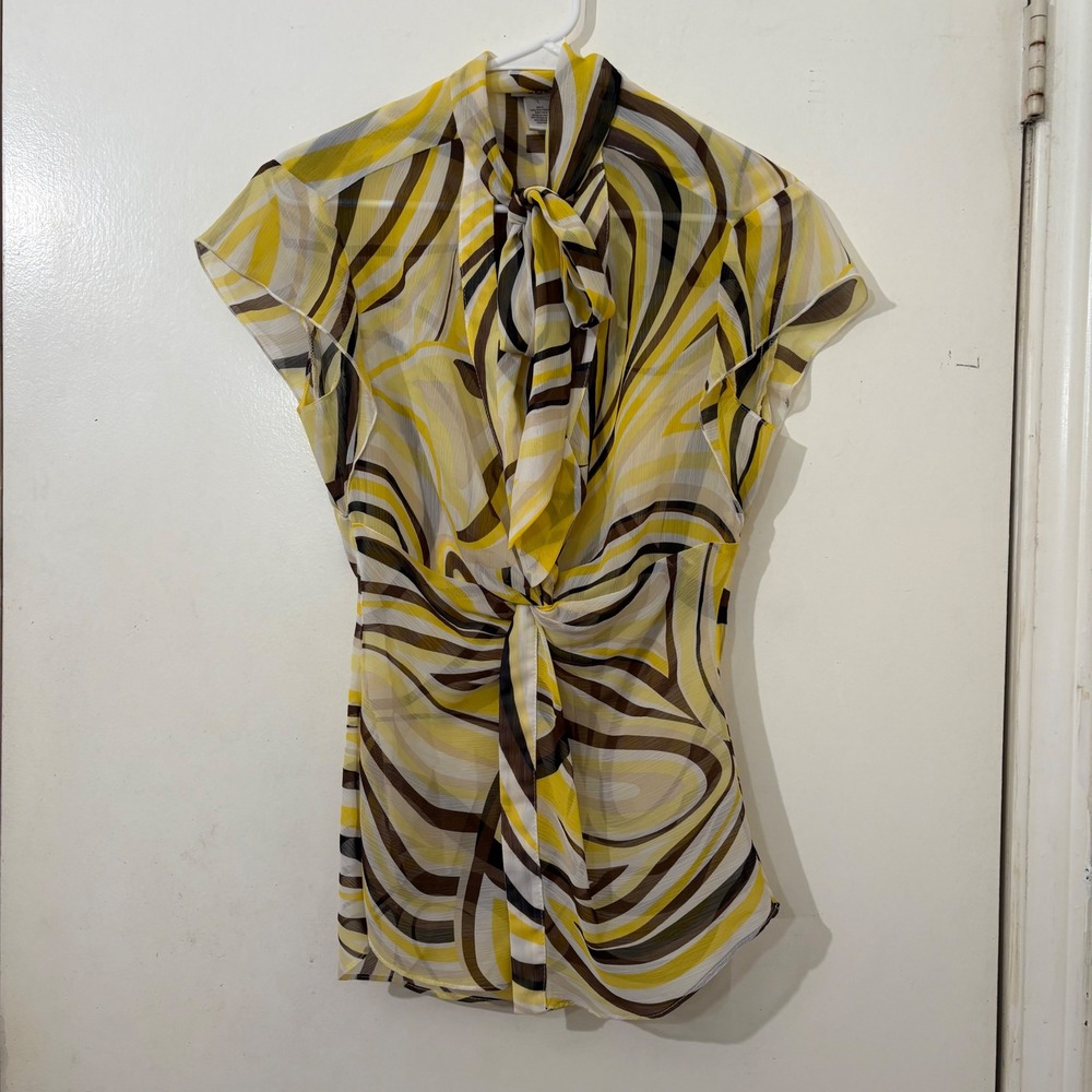 Cache Sheer Yellow Brown Psychedelic Swirl Tie Neck Twist Knot Front Blouse L - Picture 3 of 5